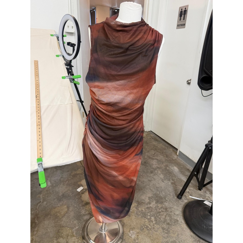 Abstract Mesh Cowl Neck Ruched Midi Dress Rust Orange Sunset Print Size XL 12